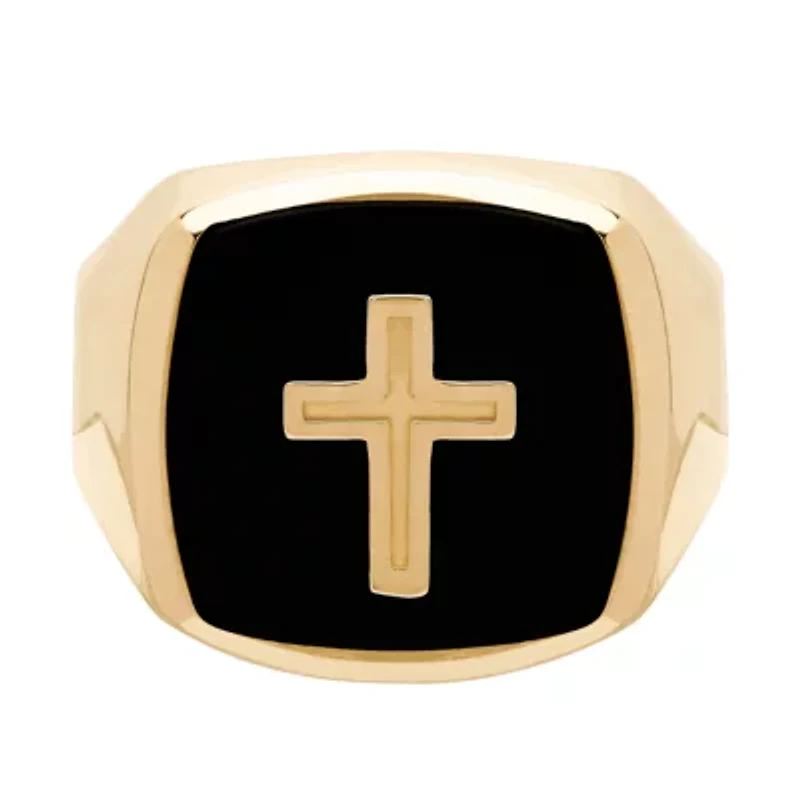Womens Genuine Black Onyx 14K Gold Cross Signet Ring
