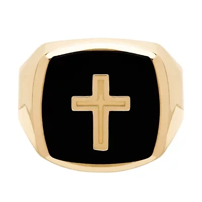 Womens Genuine Black Onyx 14K Gold Cross Signet Ring