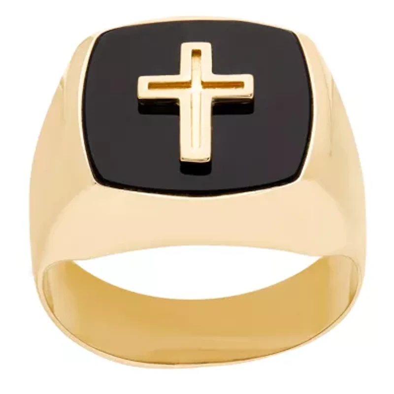 Womens Genuine Black Onyx 14K Gold Cross Signet Ring
