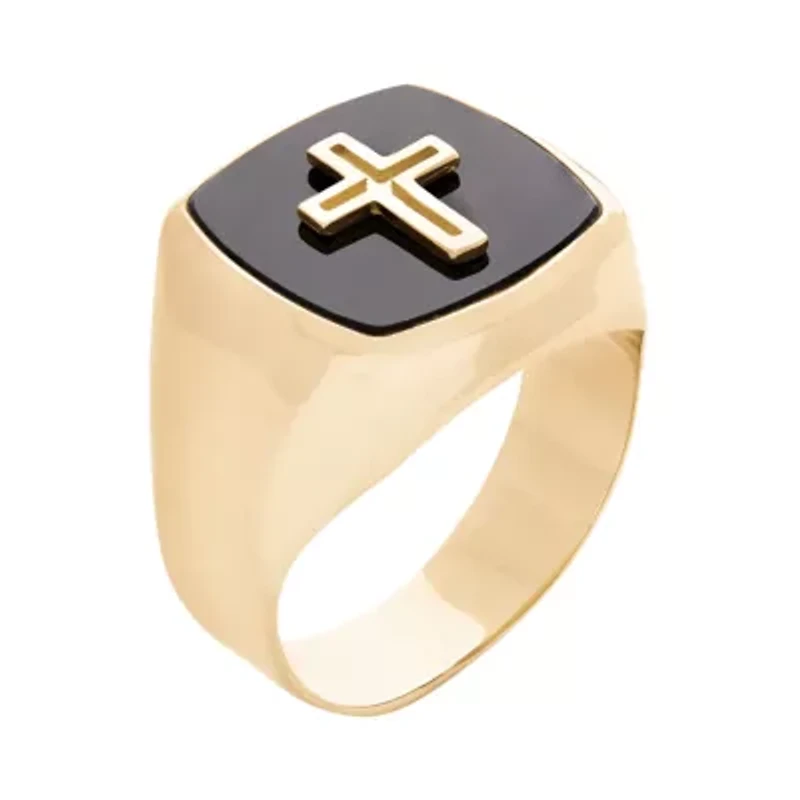 Womens Genuine Black Onyx 14K Gold Cross Signet Ring
