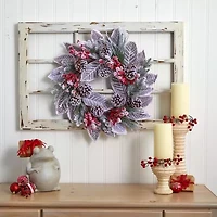 Nearly Natural 24in. Snowy Magnolia Berry Wreath