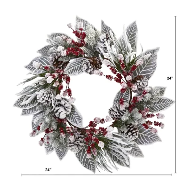 Nearly Natural 24in. Snowy Magnolia Berry Wreath
