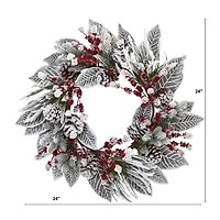 Nearly Natural 24in. Snowy Magnolia Berry Wreath