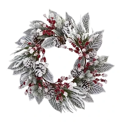 Nearly Natural 24in. Snowy Magnolia Berry Wreath