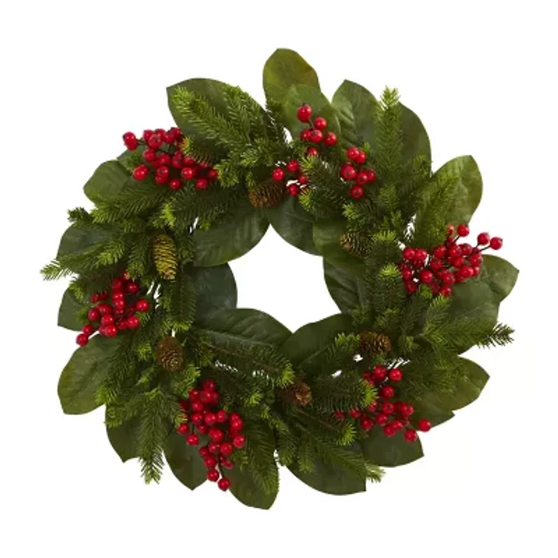 Nearly Natural 24in. Magnolia Leaf; Berry And Pine Wreath