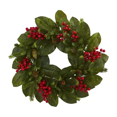 Nearly Natural 24in. Magnolia Leaf; Berry And Pine Wreath