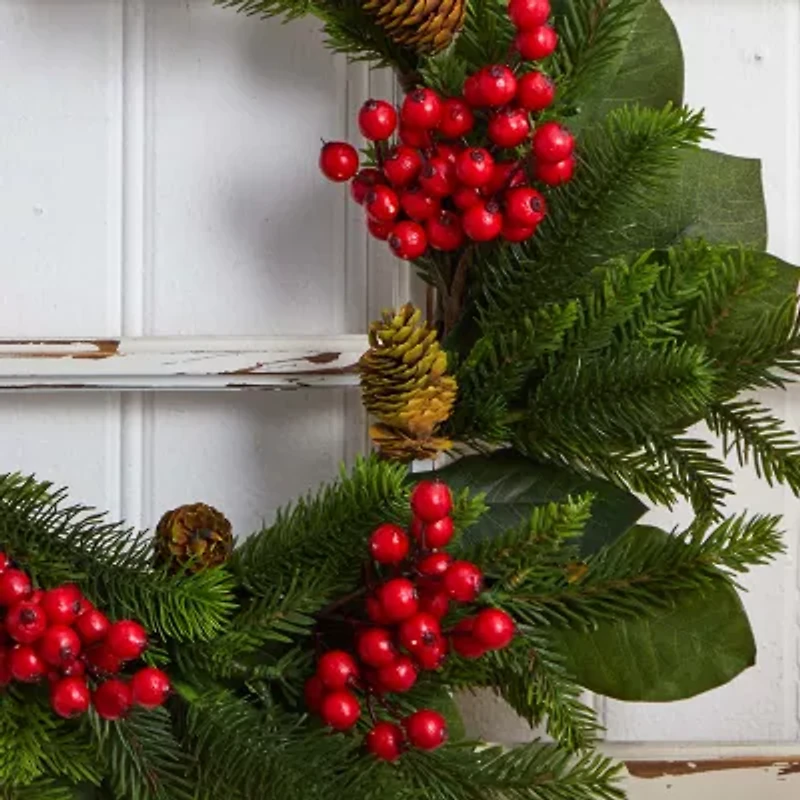 Nearly Natural 24in. Magnolia Leaf; Berry And Pine Wreath