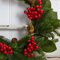 Nearly Natural 24in. Magnolia Leaf; Berry And Pine Wreath