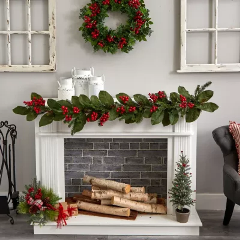 Nearly Natural 5ft. Magnolia Berry Pine Christmas Indoor Garland