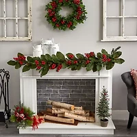 Nearly Natural 5ft. Magnolia Berry Pine Christmas Indoor Garland