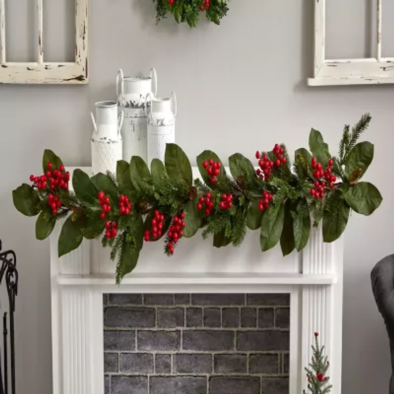 Nearly Natural 5ft. Magnolia Berry Pine Christmas Indoor Garland