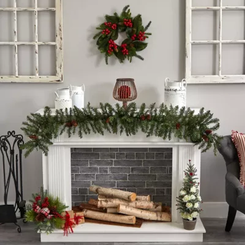 Nearly Natural 19in. Magnolia Leaf; Berry And Pine Wreath
