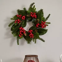 Nearly Natural 19in. Magnolia Leaf; Berry And Pine Wreath