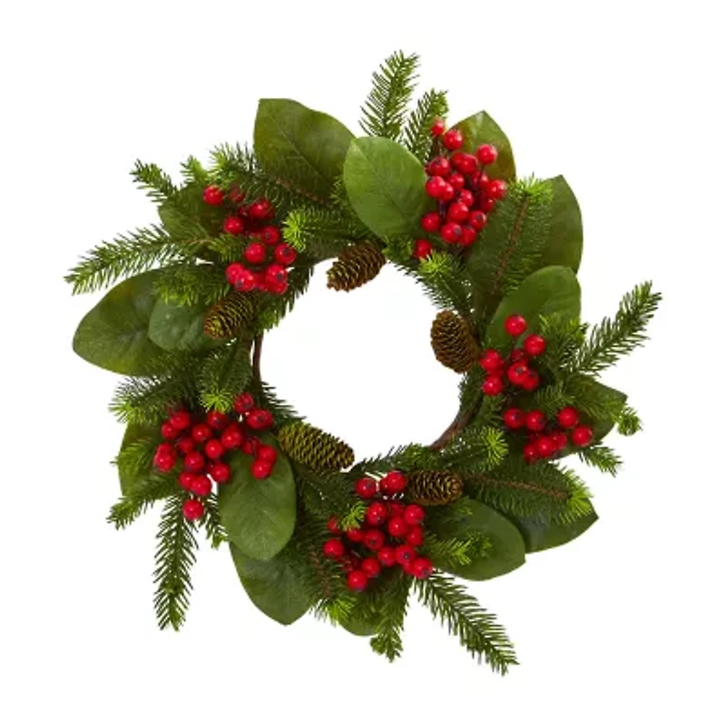 Nearly Natural 19in. Magnolia Leaf; Berry And Pine Wreath