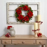 Nearly Natural 24in. Poinsettia; Berry And Golden Pinecone Wreath