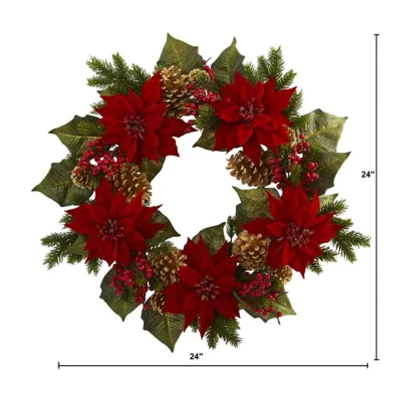 Nearly Natural 24in. Poinsettia; Berry And Golden Pinecone Wreath