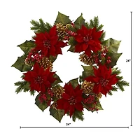 Nearly Natural 24in. Poinsettia; Berry And Golden Pinecone Wreath