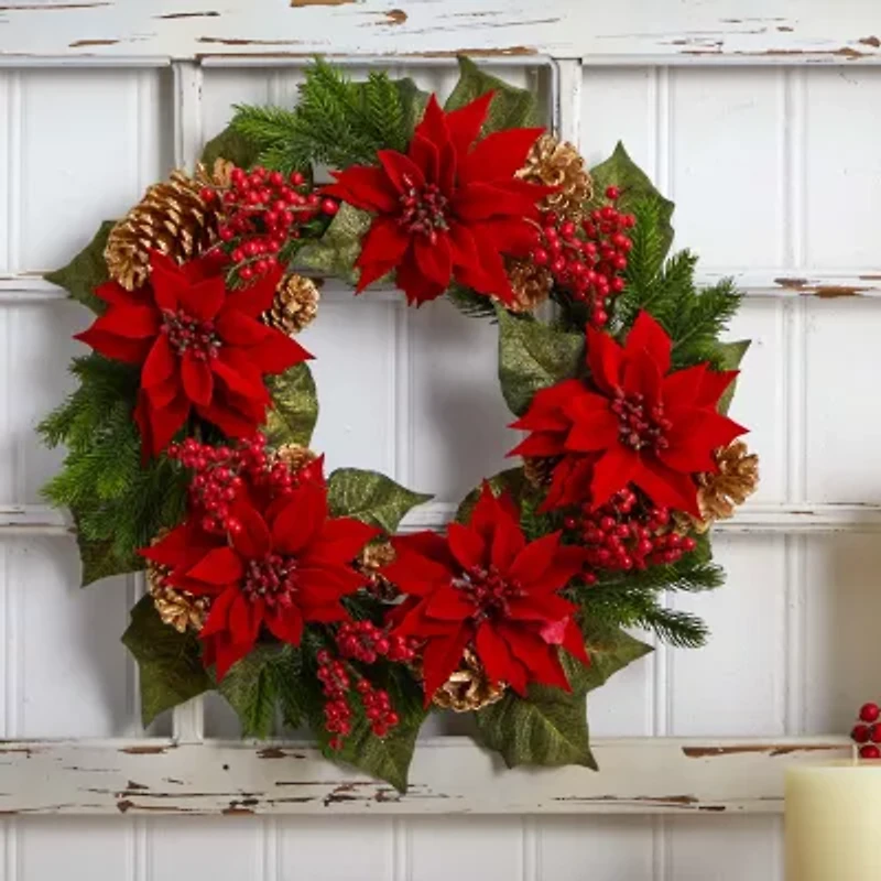 Nearly Natural 24in. Poinsettia; Berry And Golden Pinecone Wreath