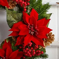 Nearly Natural 24in. Poinsettia; Berry And Golden Pinecone Wreath