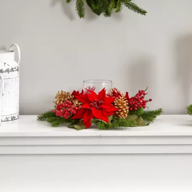 Nearly Natural Poinsettia; Berry And Golden Pinecone Christmas Tabletop Decor