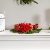 Nearly Natural Poinsettia; Berry And Golden Pinecone Christmas Tabletop Decor