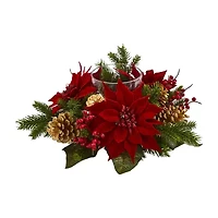 Nearly Natural Poinsettia; Berry And Golden Pinecone Christmas Tabletop Decor