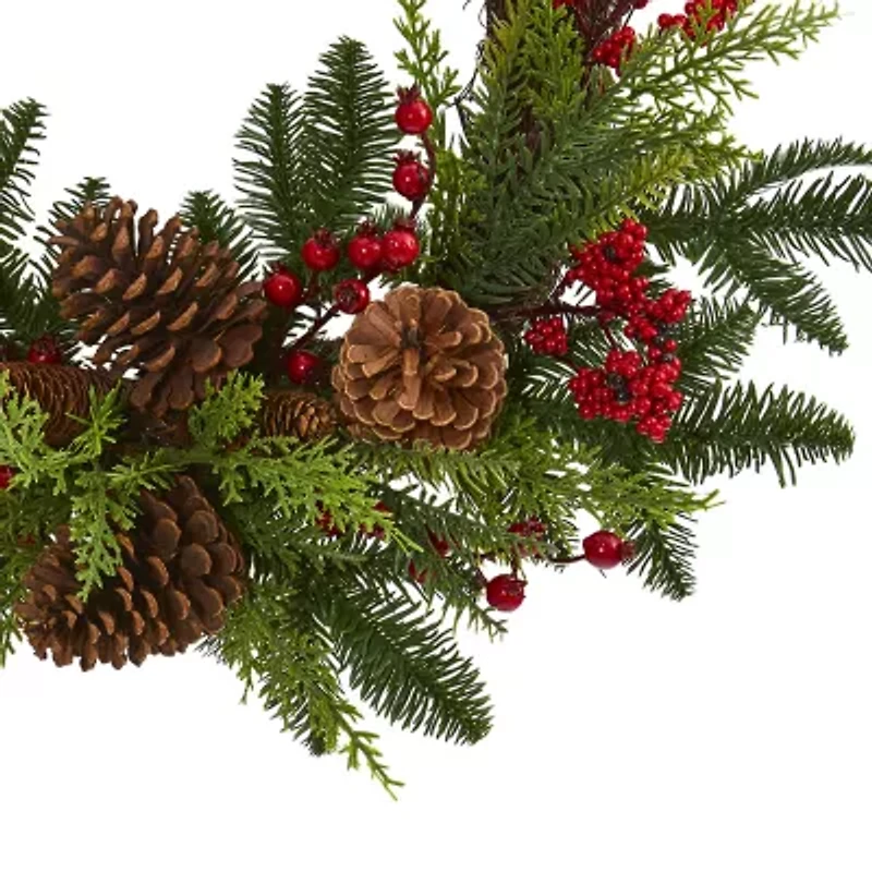 Nearly Natural 22in. Mixed Pine And Cedar With Berries And Pinecones Wreath