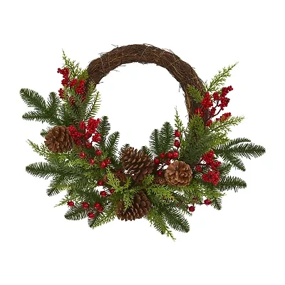Nearly Natural 22in. Mixed Pine And Cedar With Berries And Pinecones Wreath