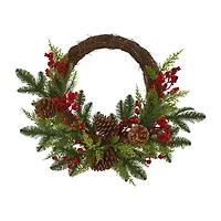 Nearly Natural 22in. Mixed Pine And Cedar With Berries And Pinecones Wreath