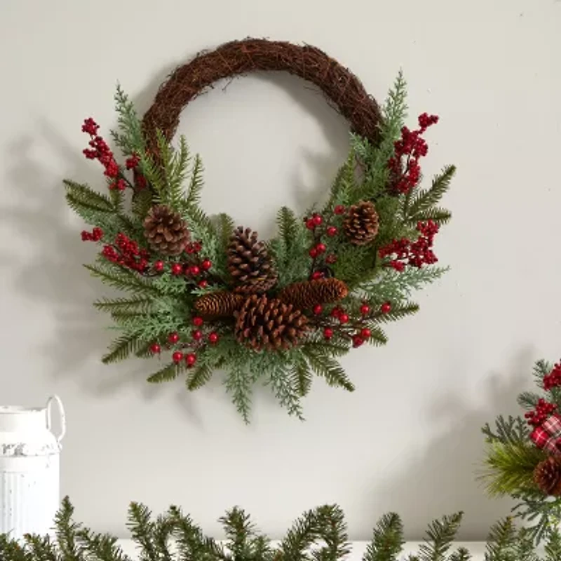Nearly Natural 22in. Mixed Pine And Cedar With Berries And Pinecones Wreath