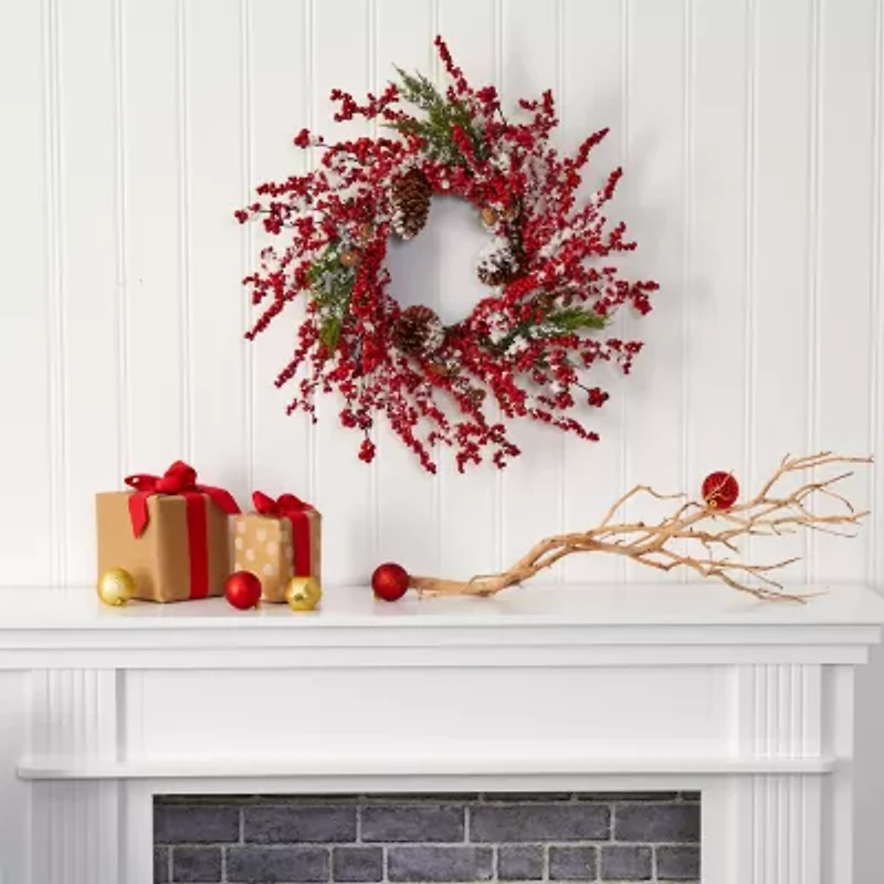 Nearly Natural 24in. Frosted With Berries And Pine Cones Wreath