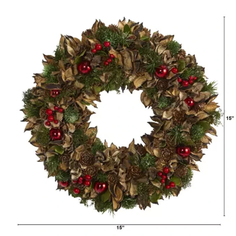 Nearly Natural 15in. Holiday With Pine Cones And Ornaments Wreath