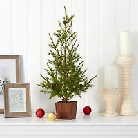 Nearly Natural 28in.  Natural Look Christmas In Wood Planter With Pine Cones 2 Foot Pine Christmas Tree