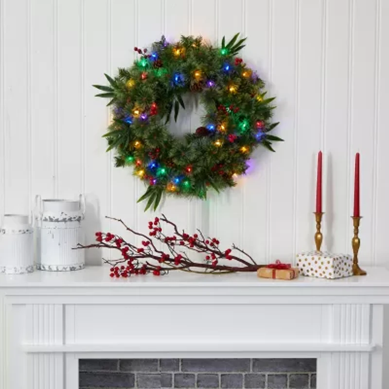 Nearly Natural 24in. Mixed Pine With Berries And Pine Cones Pre-Lit Wreath