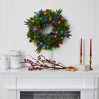 Nearly Natural 24in. Mixed Pine With Berries And Pine Cones Pre-Lit Wreath