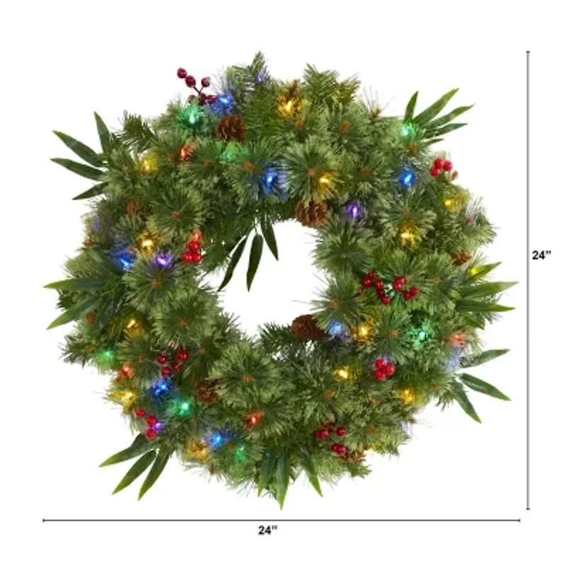 Nearly Natural 24in. Mixed Pine With Berries And Pine Cones Pre-Lit Wreath