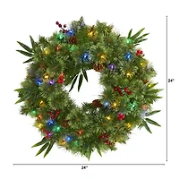 Nearly Natural 24in. Mixed Pine With Berries And Pine Cones Pre-Lit Wreath
