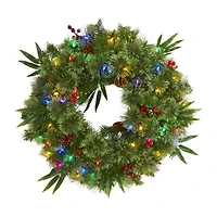 Nearly Natural 24in. Mixed Pine With Berries And Pine Cones Pre-Lit Wreath