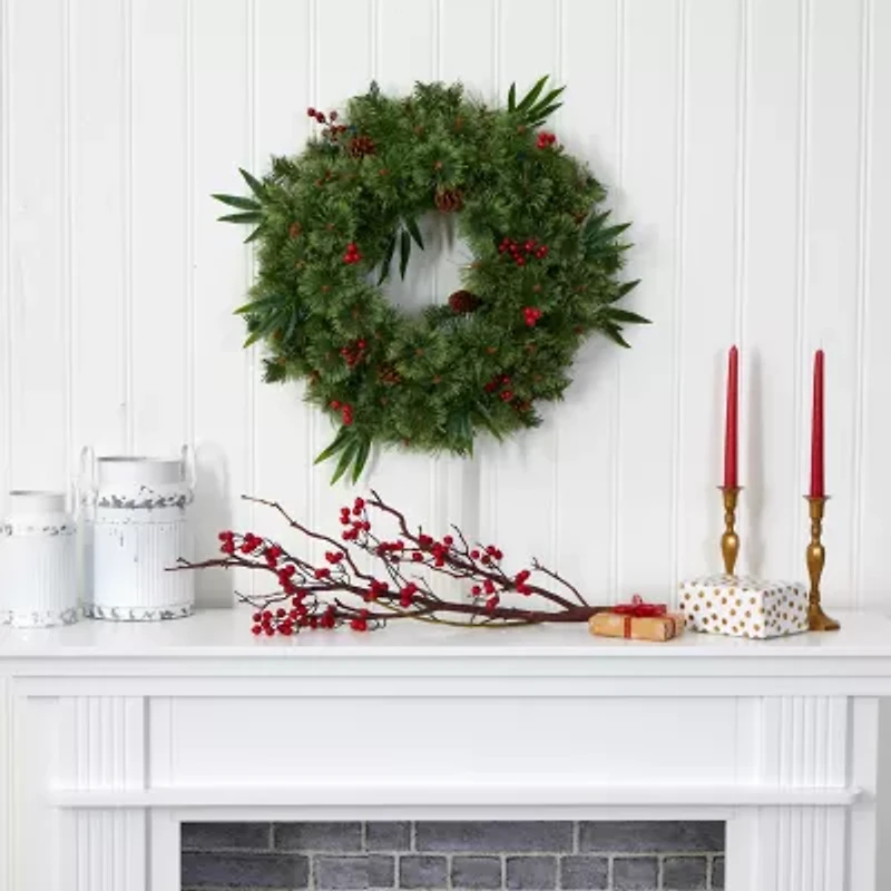 Nearly Natural 24in. Mixed Pine With Berries And Pine Cones Pre-Lit Wreath