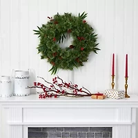 Nearly Natural 24in. Mixed Pine With Berries And Pine Cones Pre-Lit Wreath