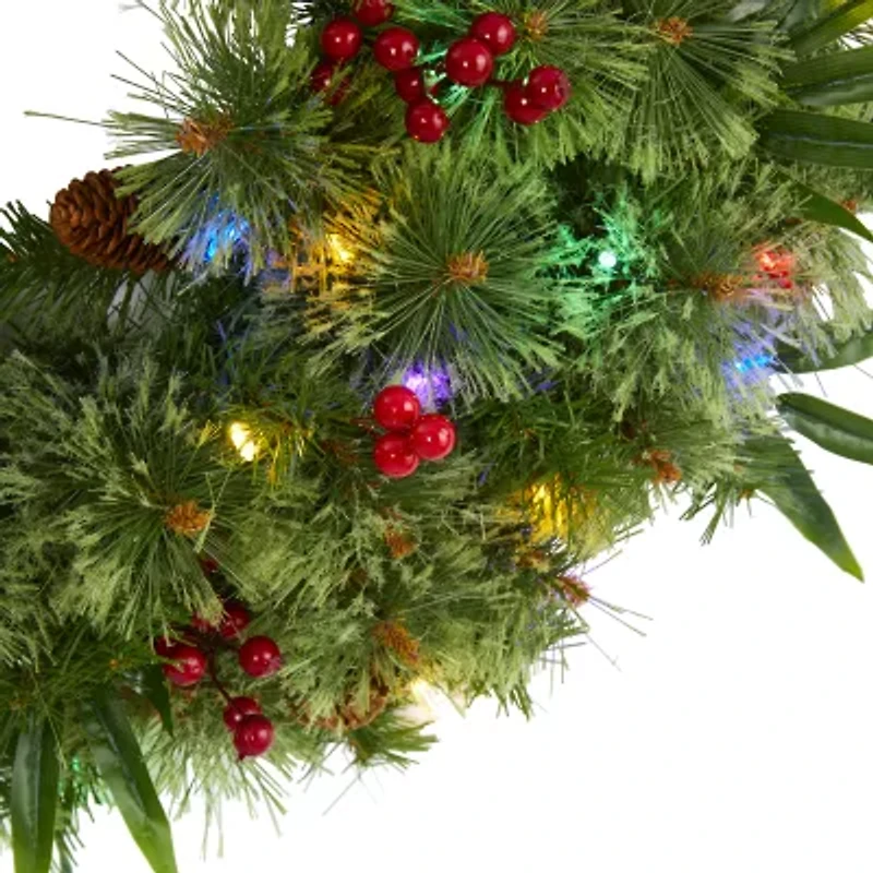 Nearly Natural 24in. Mixed Pine With Berries And Pine Cones Pre-Lit Wreath