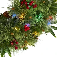 Nearly Natural 24in. Mixed Pine With Berries And Pine Cones Pre-Lit Wreath