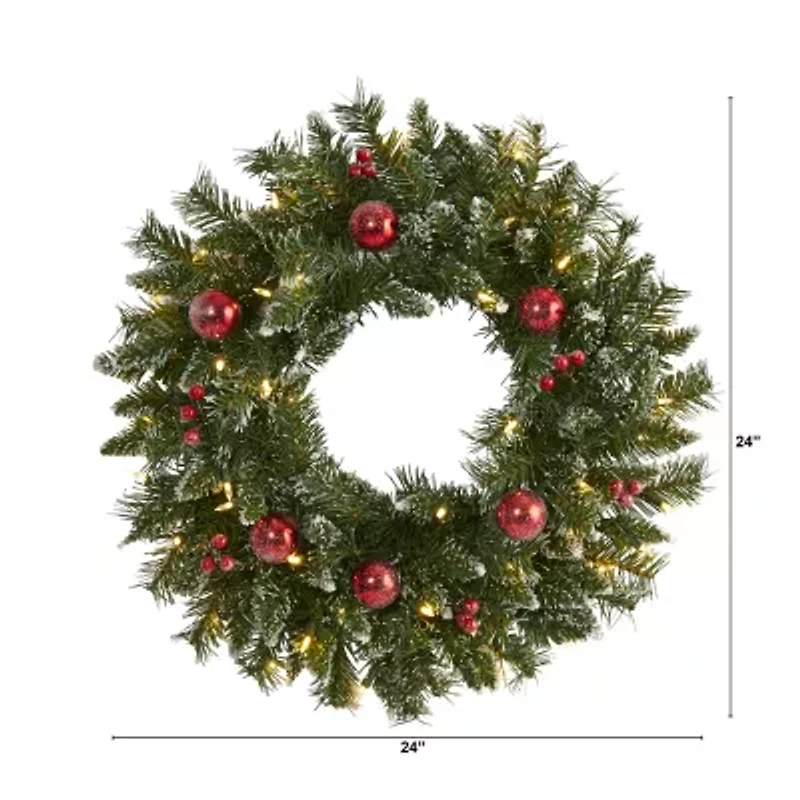 Nearly Natural 24in. Ornaments And Berries With Lights Pre-Lit Wreath