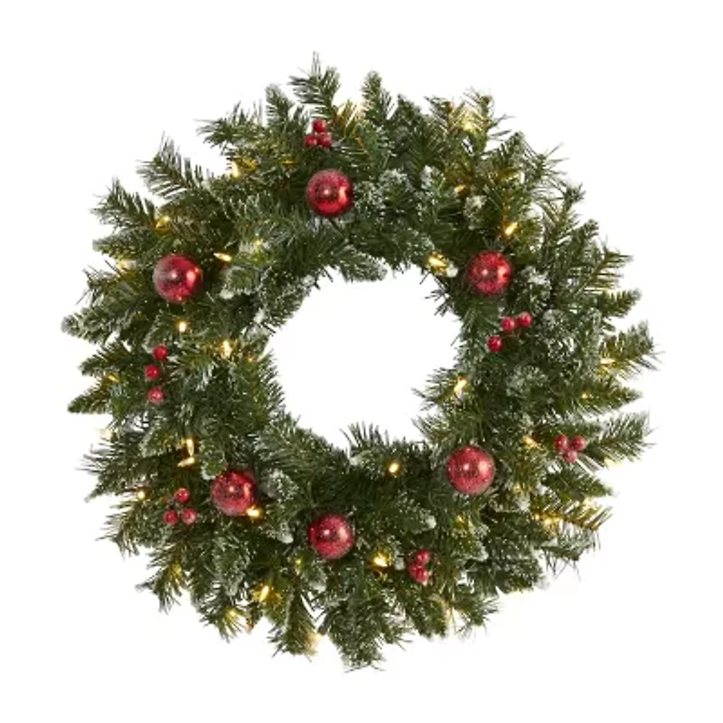 Nearly Natural 24in. Ornaments And Berries With Lights Pre-Lit Wreath
