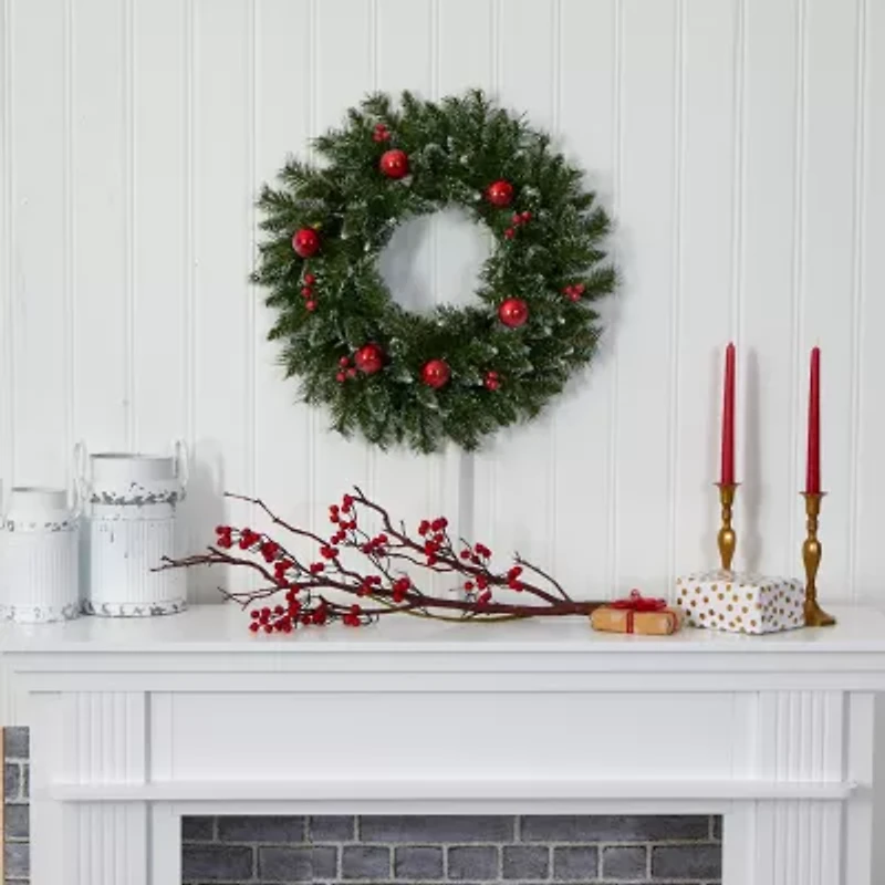 Nearly Natural 24in. Ornaments And Berries With Lights Pre-Lit Wreath