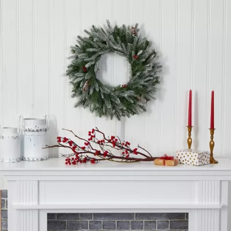 Nearly Natural 24in. Snowed With 50 Warm White Led Lights And Pine Cones Pre-Lit Wreath