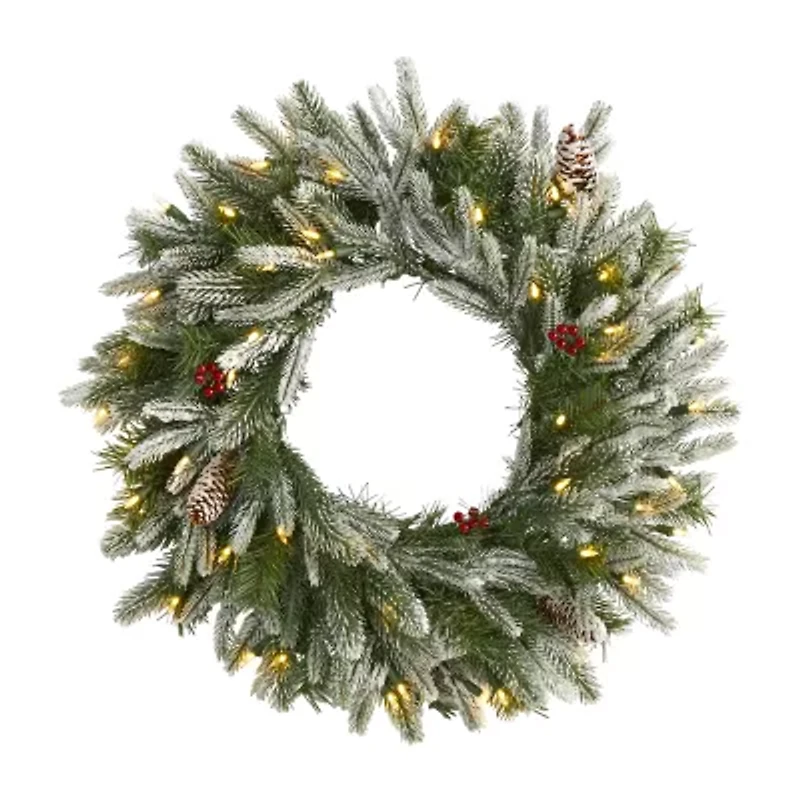 Nearly Natural 24in. Snowed With 50 Warm White Led Lights And Pine Cones Pre-Lit Wreath