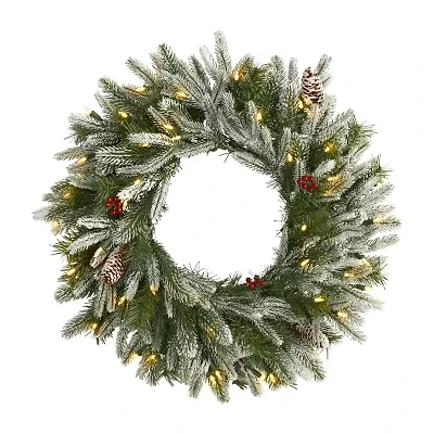 Nearly Natural 24in. Snowed With 50 Warm White Led Lights And Pine Cones Pre-Lit Wreath