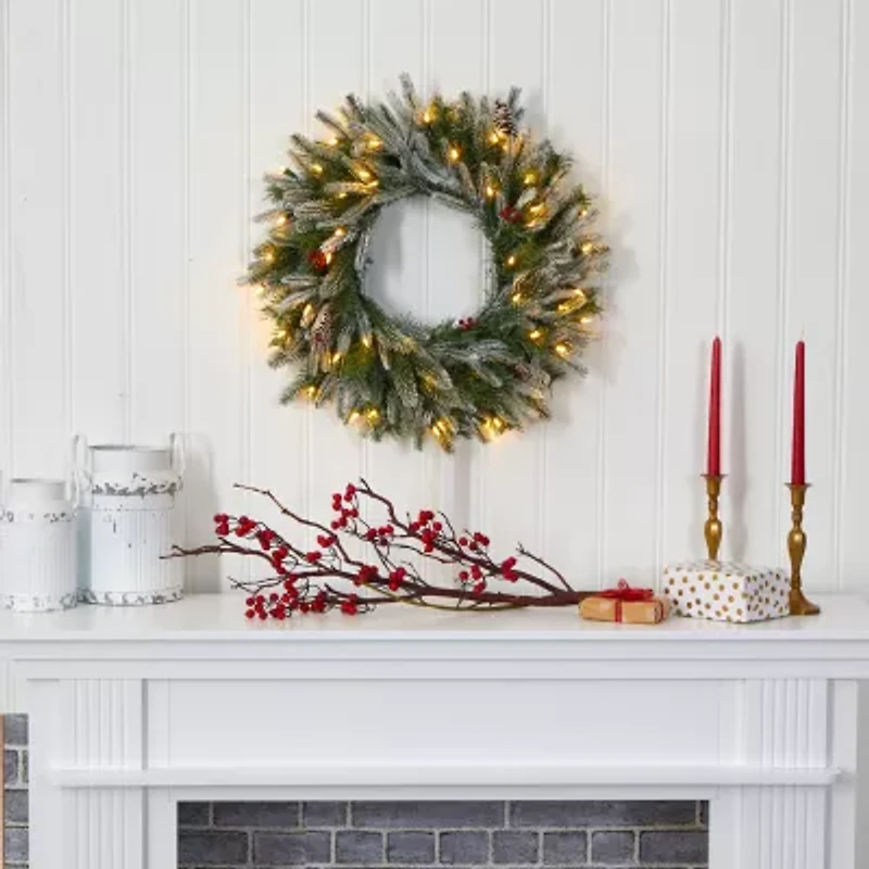 Nearly Natural 24in. Snowed With 50 Warm White Led Lights And Pine Cones Pre-Lit Wreath