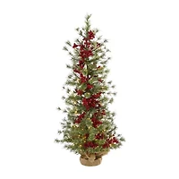 Nearly Natural 4 Foot Pine In Burlap Wrapped Base With Berry And 100 Warm White Lights Pre-Lit Christmas Tree